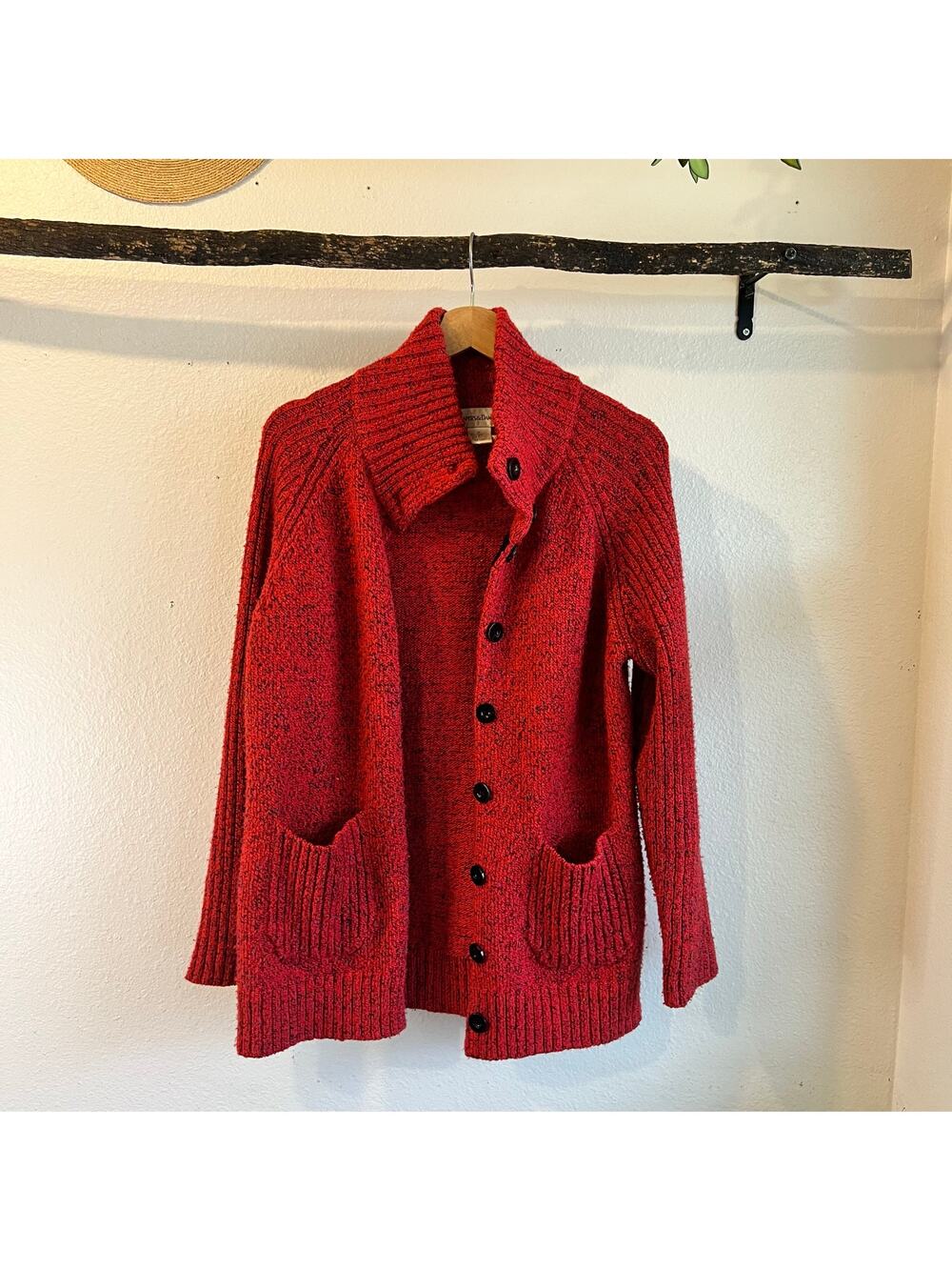 Vintage Red Speckled Rainbow Button Front Cardigan Sweater Jacket Size Medium